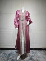Eid Mubarak Djellaba Kimono Cardigan Dubai Satin Dress Kebaya Robe Diamond 3 Piece Set Women Muslim Abaya Kaftan Jalabiya Abayas