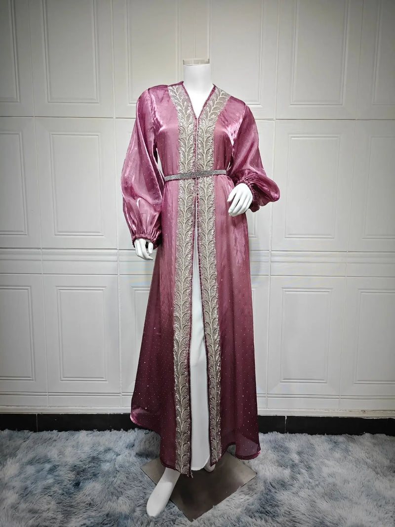 Eid Mubarak Djellaba Kimono Cardigan Dubai Satin Dress Kebaya Robe Diamond 3 Piece Set Women Muslim Abaya Kaftan Jalabiya Abayas
