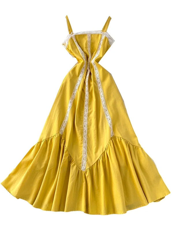Beach Vaion Sle Long Lace Trimmed Summer Sweet Waist Cinching Maxi Dr Women's Svel High Waist A-Line Gown