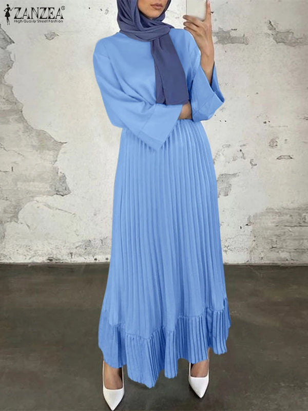 2025 ZANZEA Elegant Women Autumn Long Sleeve Solid Pleated Sundress Muslim Hijab Dresses Turkey Abaya Party Vestidos Robe Femme