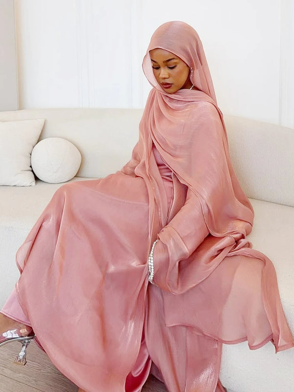 Abaya Scarf Dress 3 Piece Set for Women Cardigan Ramadan Beading Sleeve Dubai Jalabiya Kaftan Vestidos Arab Robe 2025