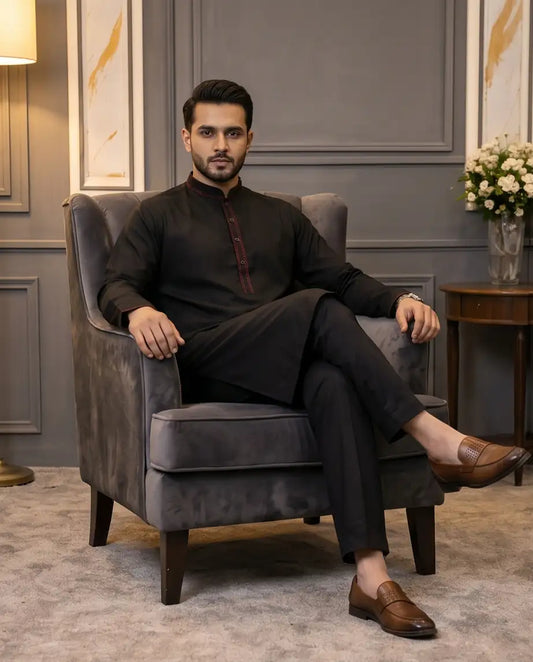 Men's Jet Black Heritage Kurta Pajama Set | BK5 - Raakaat