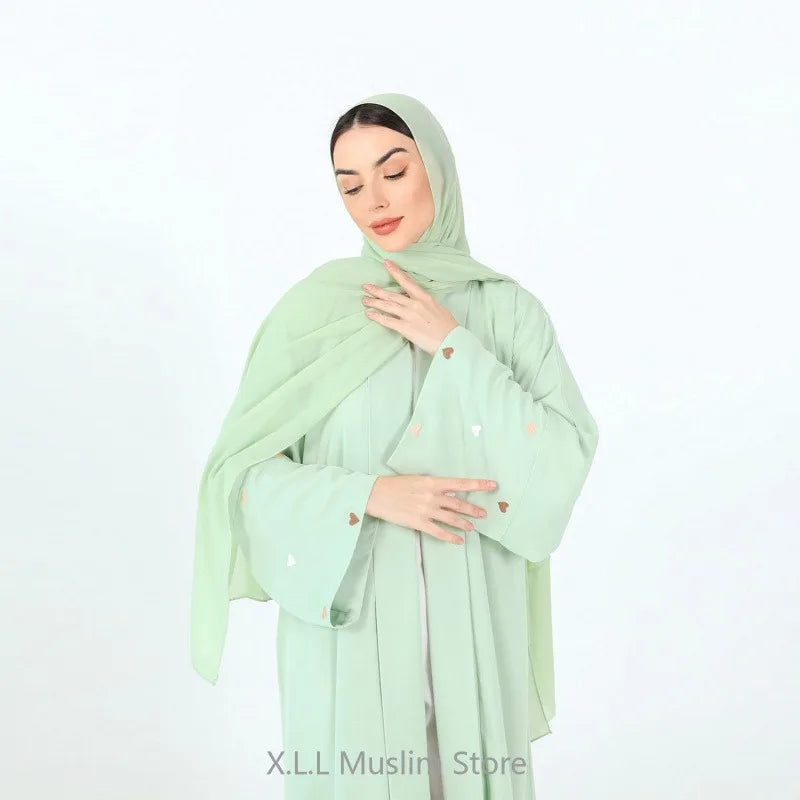 Love Heart Embroidery  Fashion Soft Open Front Abaya Dubai 2024 Luxury Muslim Kaftan Elegant Cardigan Caftan Women Robe Clothes