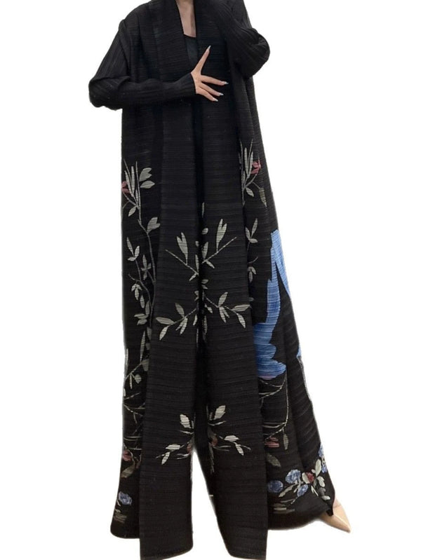 Miyake Pleated Abaya Trench Cardigans Printed Long Sleeve Turn-down Collar Dress Women 2025 Original Designer Caftan Long Coats