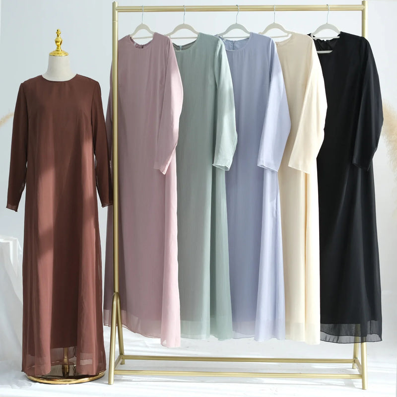 Chiffon Sheer Open Abaya Set Hijabi Muslim Women Party Ramadan Islamic Clothing  Dubai Turkey Kaftan Crepe Kimono Open Abayas