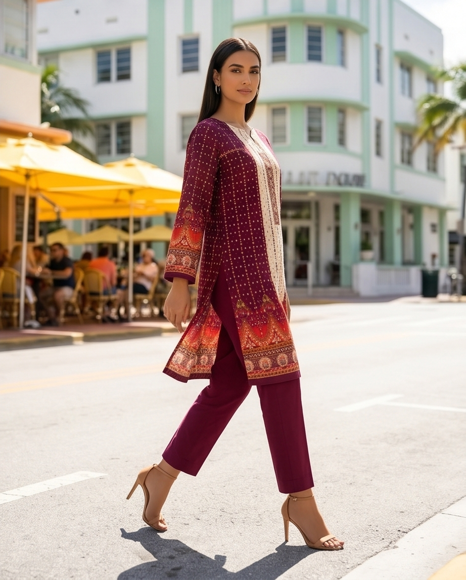 Elegant Plum Maroon Printed Jamjam Cotton Unstitched Three-Piece Suit.. - Raakaat