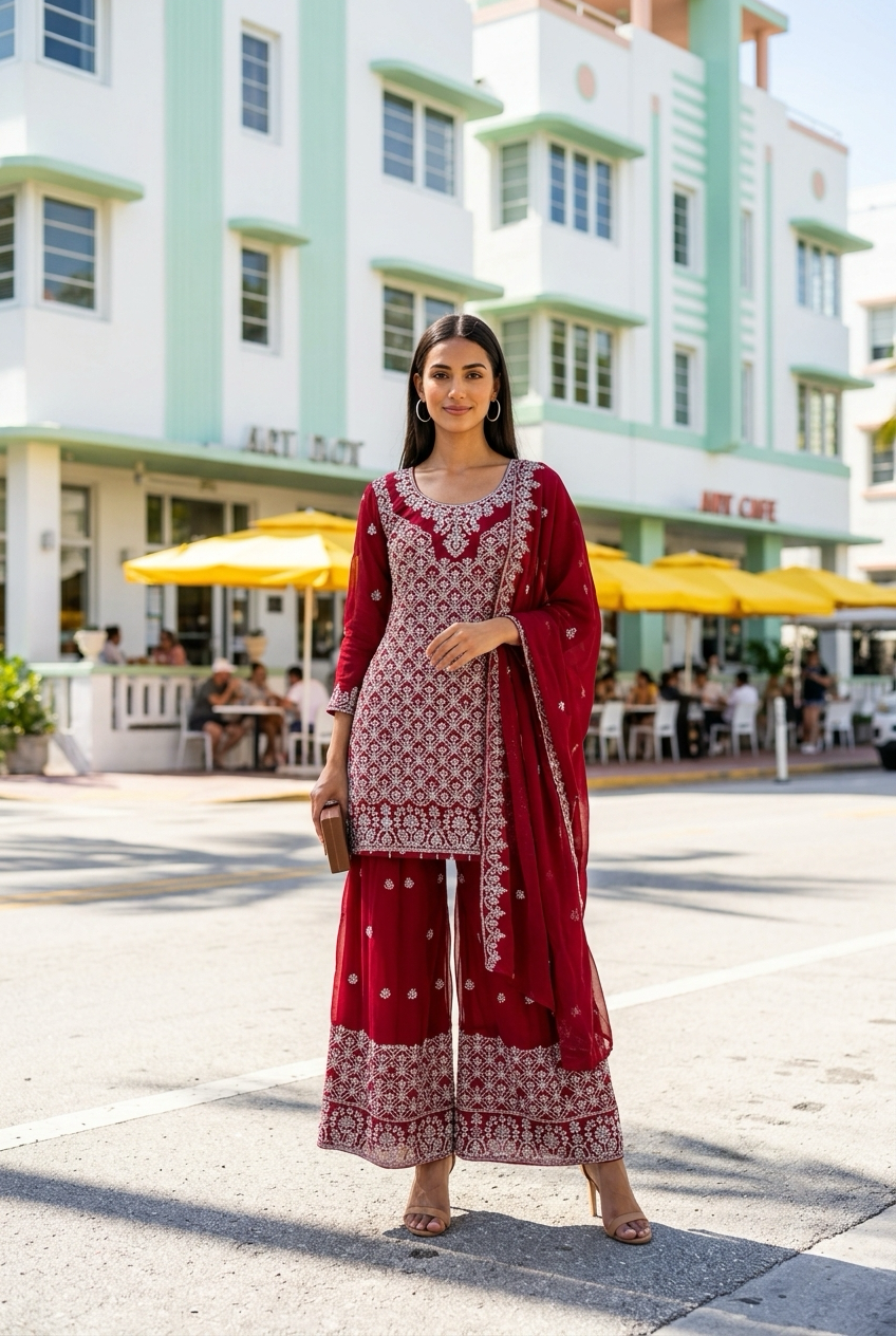 3-Piece  Embroidered stitched Salwar Kameez with Flared Sharara Pants | TPS04 - Raakaat