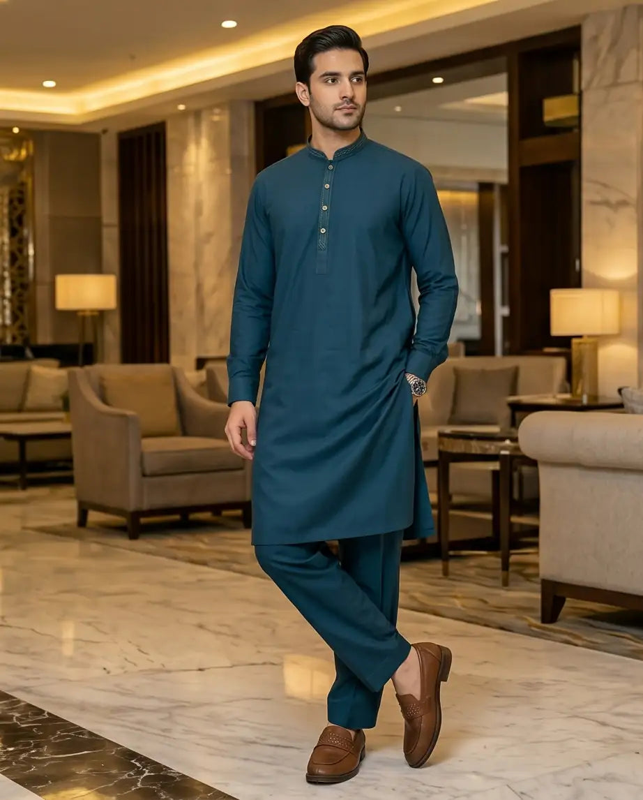 Men's Teal Blue Detailed Formal Kurta Pajama Set | BL6 - Raakaat