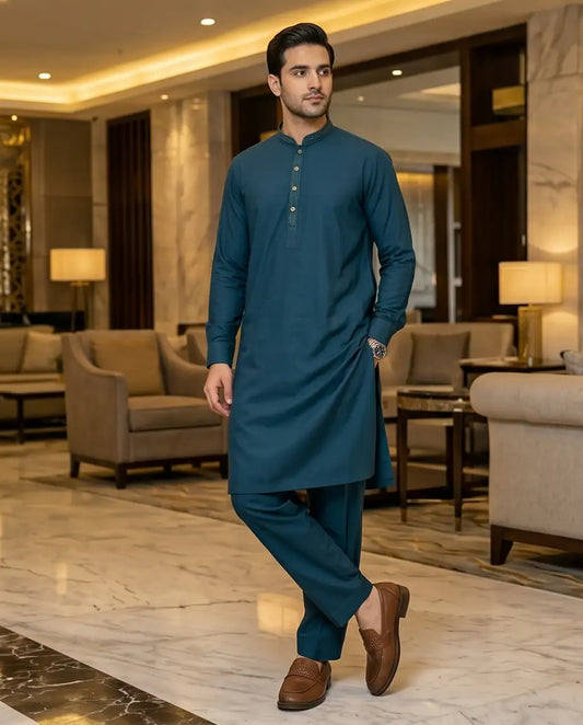 Men's Teal Blue Detailed Formal Kurta Pajama Set | BL6 - Raakaat