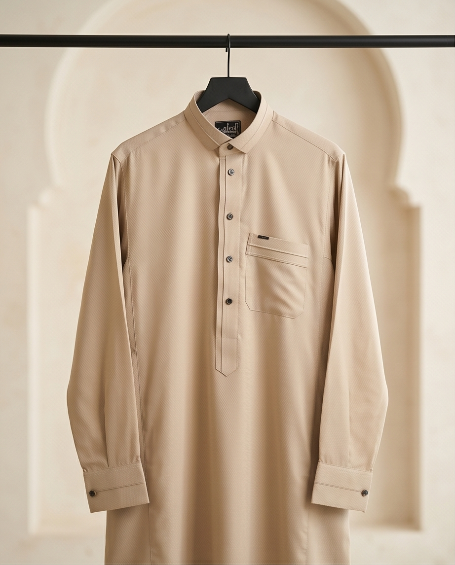 Men’s Sand Beige Textured Thobe – Premium Saudi Style Jubba - Raakaat