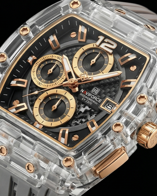 W10-Naviforce Luxury Chronograph Watch with Transparent Case and Black Dial - Raakaat