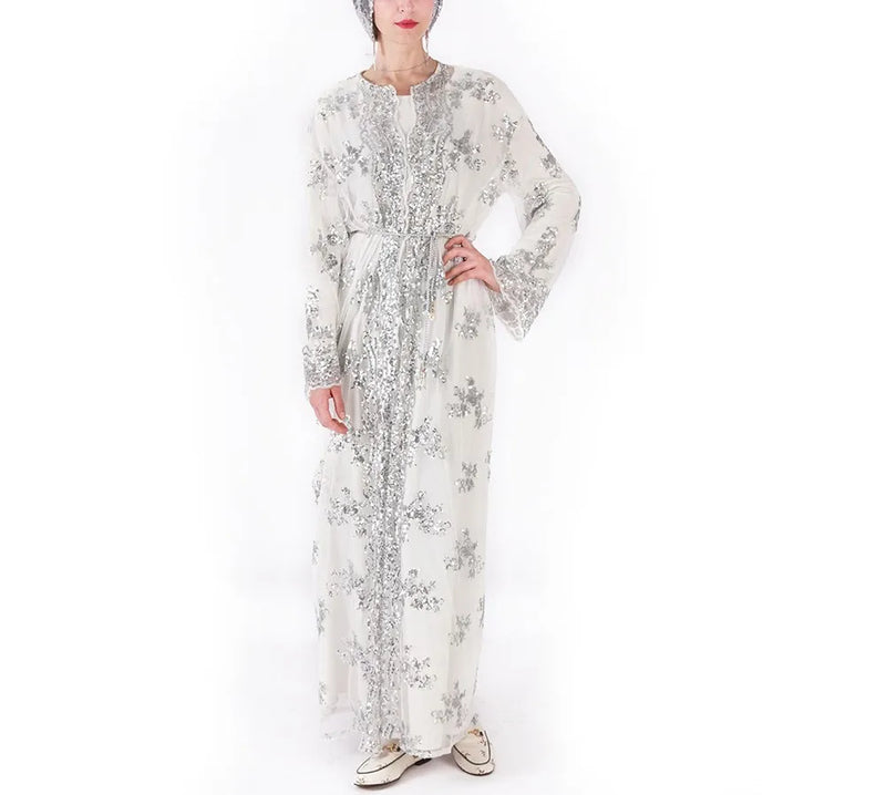 2025 New Black White Sequin Kimono Cardigan Abaya Dubai Luxury Muslim Kaftan Abayas for Women Turkish Islamic Clothing Outfit