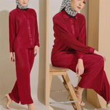 Malaysia Plain Muslim Women Long Sleeve Tops Blouse Pants Islam Abaya Dubai Ramadan Arab Clothes 2 Piece Set Modest Kaftan Suit