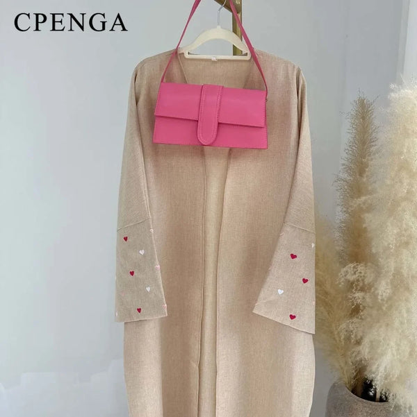 Saudi Heart Embroidery Open Abaya for Women Dubai 2024 New Plain Kimono Muslim Türkiye Elegant Cardigan Gown Islam Clothing