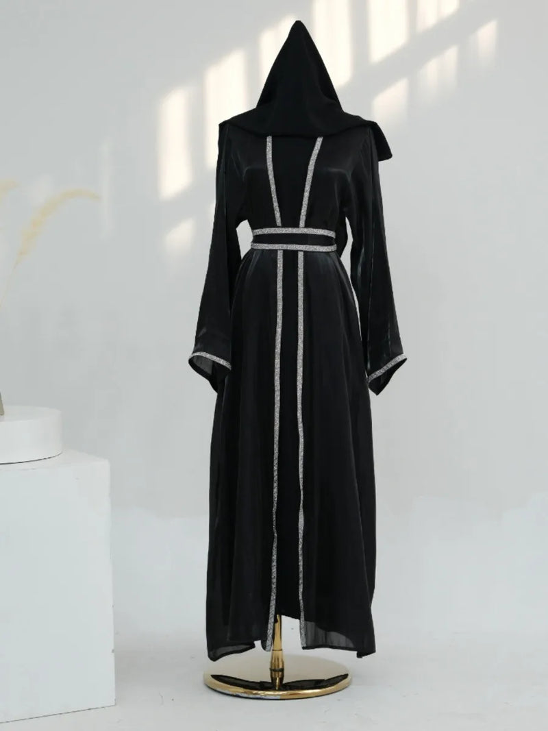 Muslim Abaya for Women Eid Dress 2 Piece Set Diamond Morocco Ramadan Lace-up Abayas Kaftan Islam Cardigan Dubai Arab Long Robe