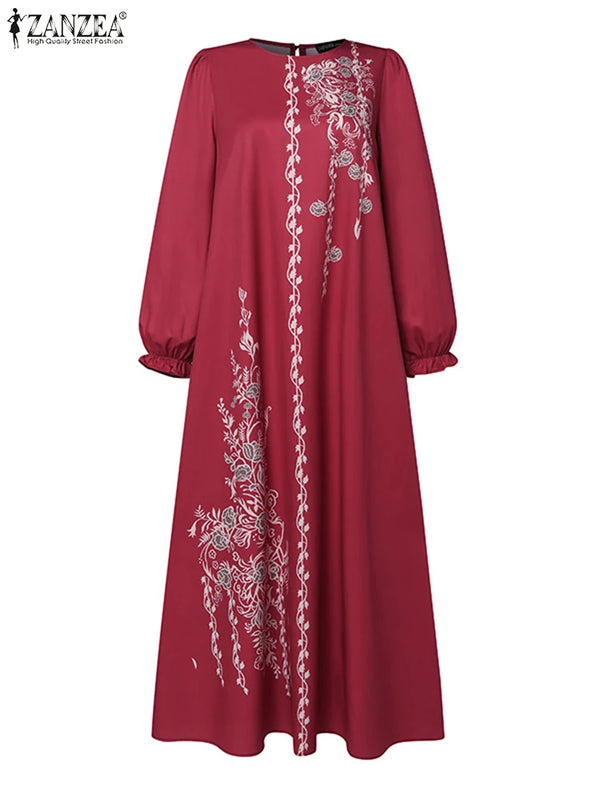 Women Stylish Floral Printed Maxi Dress Muslim Abaya ZANZEA Eid Mubarak Robe Elegant Long Sleeve Casual Vestidos Kaftan IsIamic