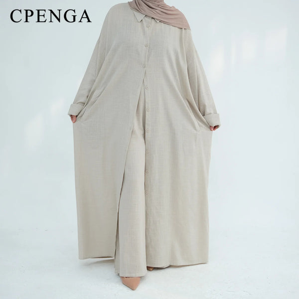 Ramadan Two Piece Linen Muslim Set for Women Elegant Dubai Modest Clothing Islamic Femme Travel Outfit Fashion Turkey Suit 2025