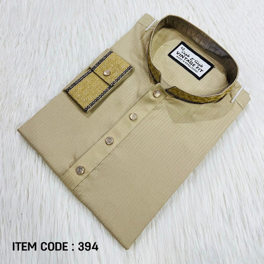 Premium Beige Self-Striped Panjabi with Intricate Embroidery | 394 - Raakaat