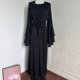 Muslim Abaya For Women Eid Dress 2 Piece Set Morocco Ramadan Satin Lace-up Abayas Kaftan Islam Cardigan Dubai Arab Long Robe