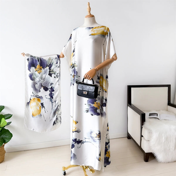 NEW Fashion Summer Dress With Big Scarf Dubai Turkey Kaftan Muslim Loose Abaya Women African Casual Maxi Peacock Shawl Robe