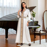 White Dress with Belt Women Muslim Eid Abaya Gold Lace Trim Party Gown Sleeveless Bottom Underskirt Saudi Arab Jalabiya Kaftan