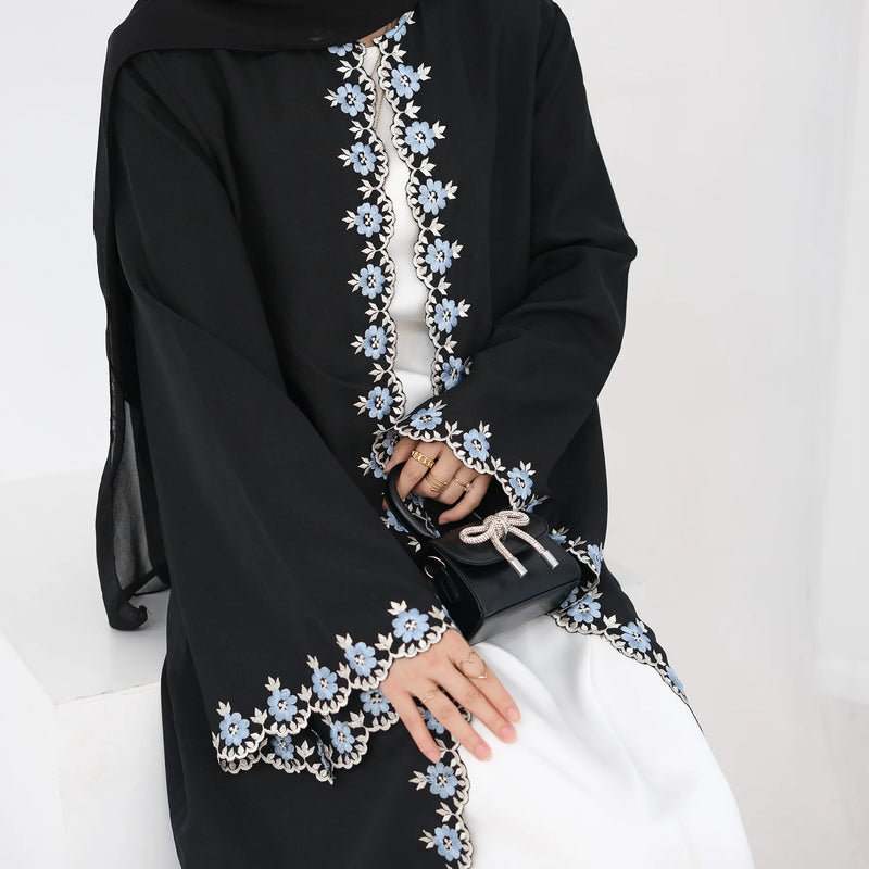 Flower Embroidery Abayas for Women Muslim Dress Dubai Open Abaya Turkey Kaftan Kebaya Caftan Marocain Femme Robe New