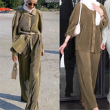 Malaysia Plain Muslim Women Long Sleeve Tops Blouse Pants Islam Abaya Dubai Ramadan Arab Clothes 2 Piece Set Modest Kaftan Suit