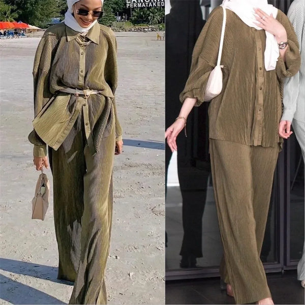 Malaysia Plain Muslim Women Long Sleeve Tops Blouse Pants Islam Abaya Dubai Ramadan Arab Clothes 2 Piece Set Modest Kaftan Suit