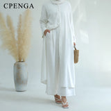Ramadan Two Piece Linen Muslim Set for Women Elegant Dubai Modest Clothing Islamic Femme Travel Outfit Fashion Turkey Suit 2025