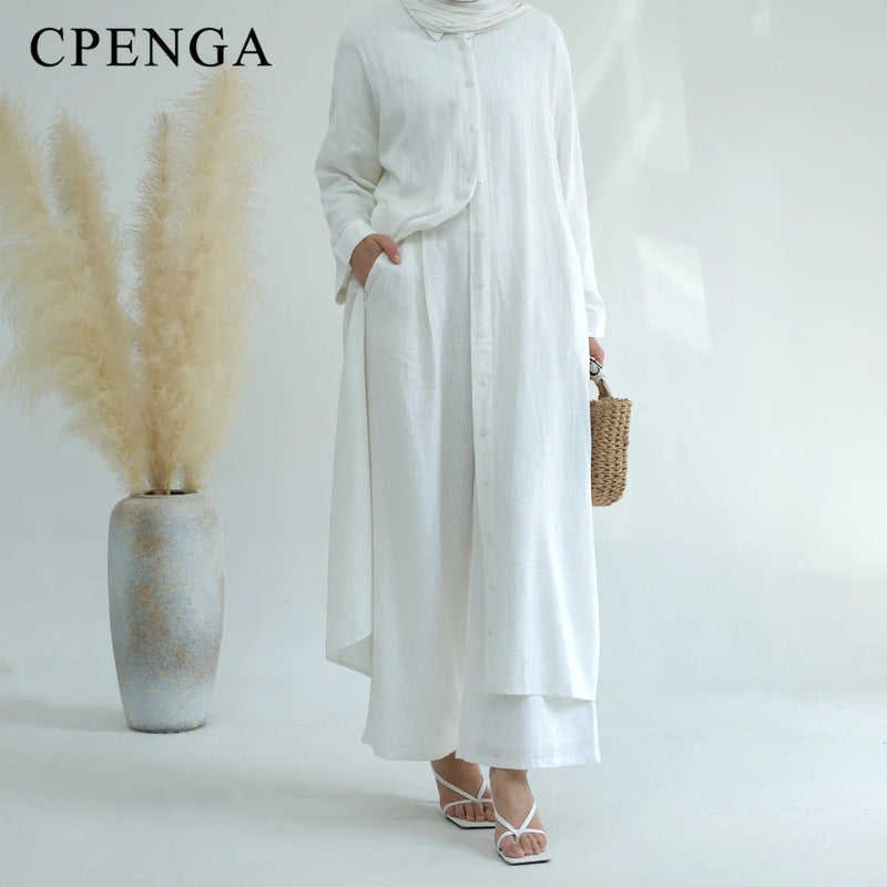 Ramadan Two Piece Linen Muslim Set for Women Elegant Dubai Modest Clothing Islamic Femme Travel Outfit Fashion Turkey Suit 2025