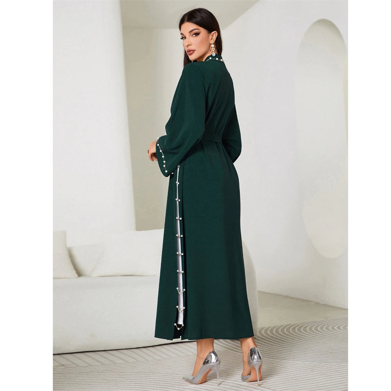 Eid Mubarak Djellaba Femme Longue Musulmane Open Abaya Dubai Turkey Kaftan Muslim Women Beaded Maxi Dress Kimono Jalabiya Robe