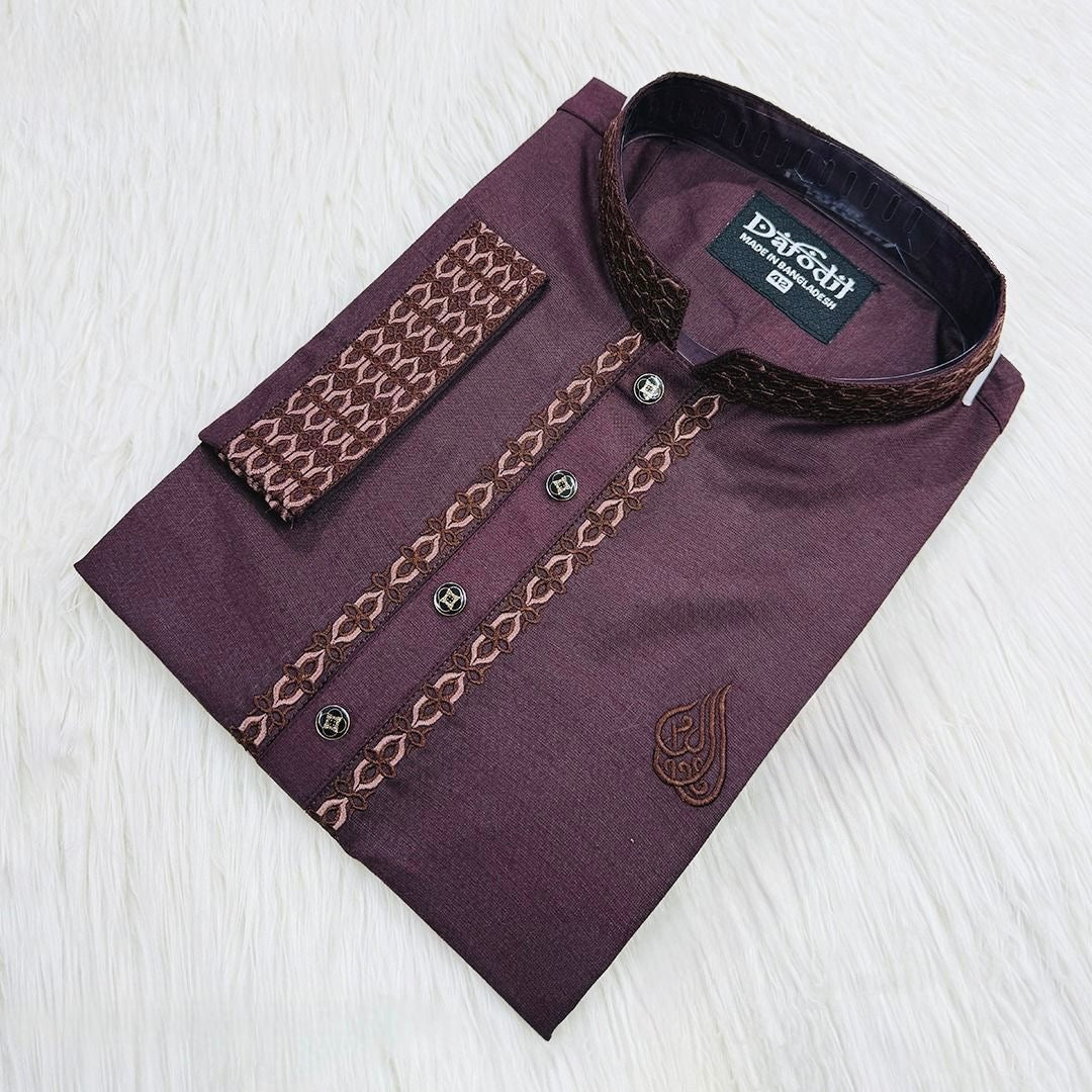 Elegance in Maroon: Embroidered Cotton Panjabi | 388 - Raakaat