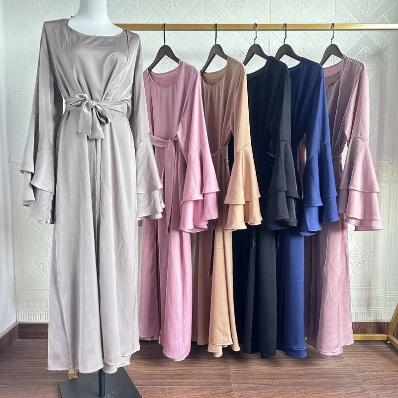 Muslim Abaya For Women Eid Dress 2 Piece Set Morocco Ramadan Satin Lace-up Abayas Kaftan Islam Cardigan Dubai Arab Long Robe