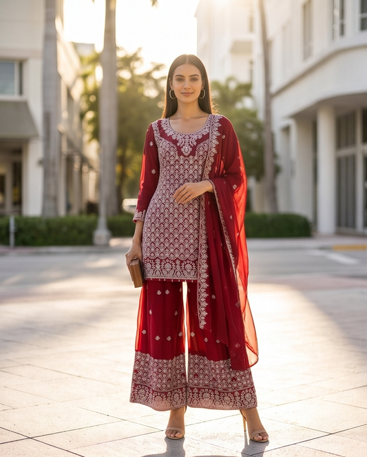 3-Piece  Embroidered stitched Salwar Kameez with Flared Sharara Pants | TPS04 - Raakaat