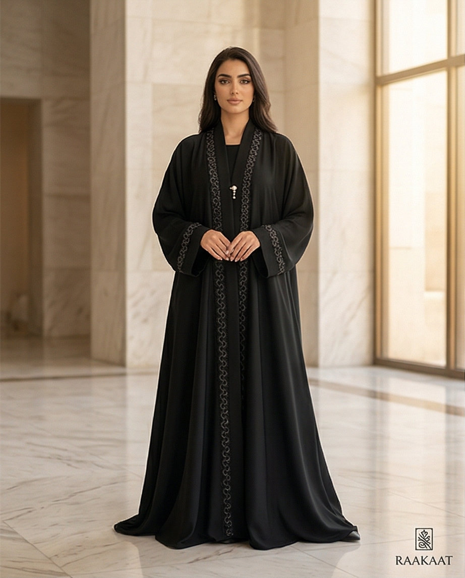 Classic Black Abaya with Gold Embroidery - Sizes 14, 15, 16 - Raakaat