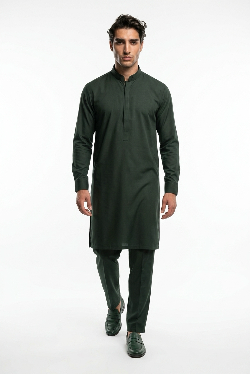 Premium Bottle Green Pakistani Men's Salwar Kameez - Luxury Cotton Suite | SK04 - Raakaat