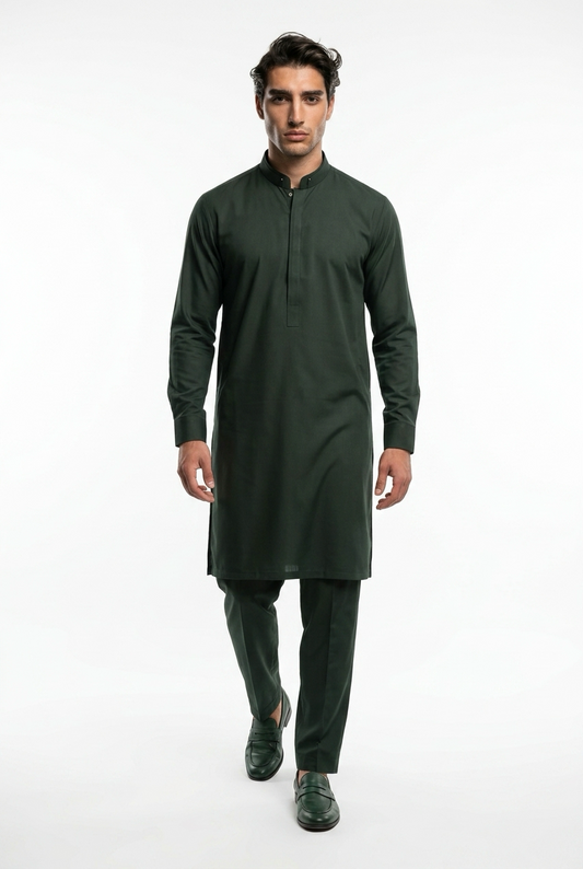 Premium Bottle Green Pakistani Men's Salwar Kameez - Luxury Cotton Suite | SK04 - Raakaat