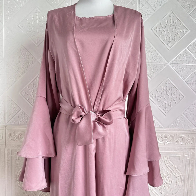 Muslim Abaya For Women Eid Dress 2 Piece Set Morocco Ramadan Satin Lace-up Abayas Kaftan Islam Cardigan Dubai Arab Long Robe