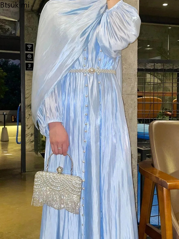 Women Eid Muslim Abaya Lantern Sleeve Gorgeous Party Dress Solid Pearls Long Robe Dubai Abaya Kaftan Streamer Yarn Vestidos