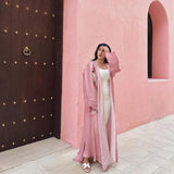 Eid Ramadan Silky Beige Abaya Button Sleeve Open Abayas And Khimar Women Party Evening Kaftan Caftan Kebaya Vestido Cardigan