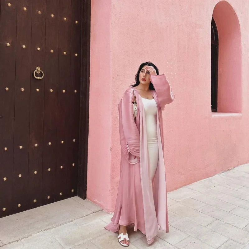 Eid Ramadan Silky Beige Abaya Button Sleeve Open Abayas And Khimar Women Party Evening Kaftan Caftan Kebaya Vestido Cardigan