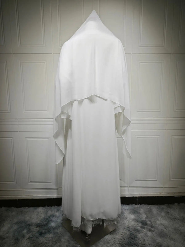 Chiffon Open Abaya Arabic White Cardigan Hijab 2 Piece Set Lace Trim Muslim Women Elegant Gowns Islam Long Dress Party Outfits