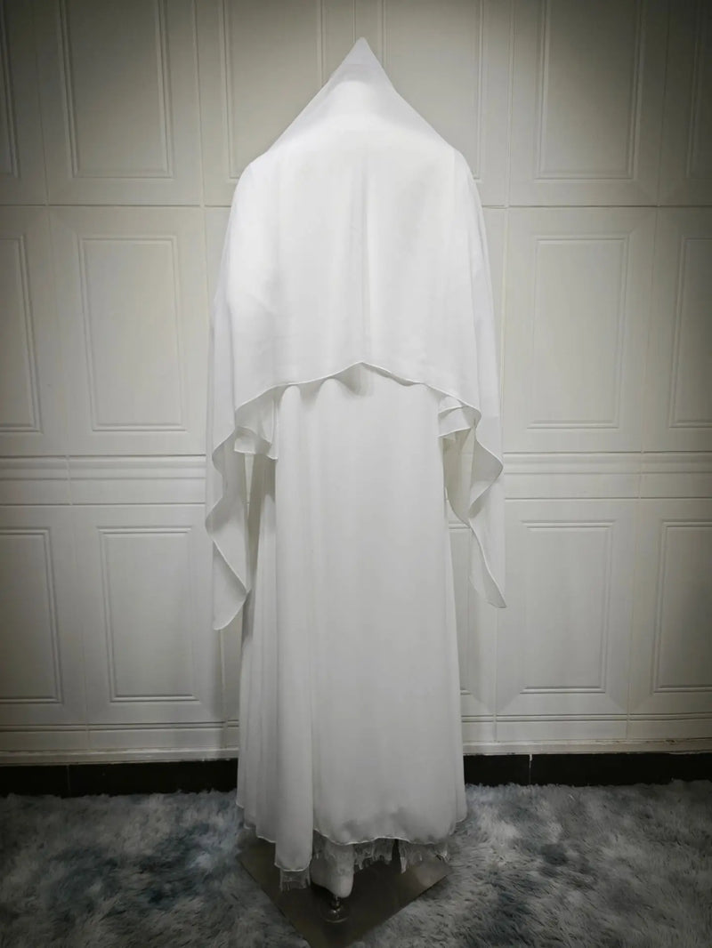 Chiffon Open Abaya Arabic White Cardigan Hijab 2 Piece Set Lace Trim Muslim Women Elegant Gowns Islam Long Dress Party Outfits