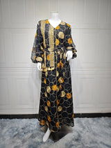Muslim Abayas for Women Light Luxury Saudi Arabian Robe Fashion V-neck Loose Pullover Solid Diamonds Women Dress Moroccan Dress