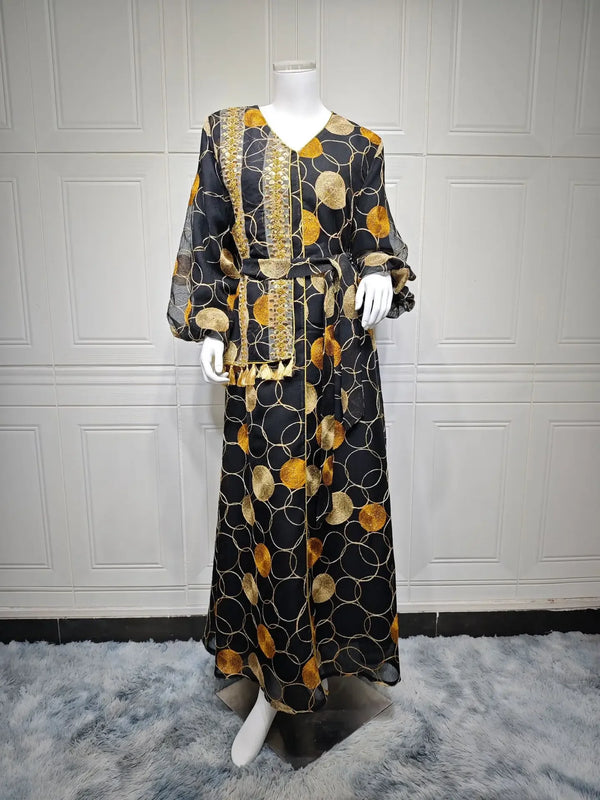 Muslim Abayas for Women Light Luxury Saudi Arabian Robe Fashion V-neck Loose Pullover Solid Diamonds Women Dress Moroccan Dress