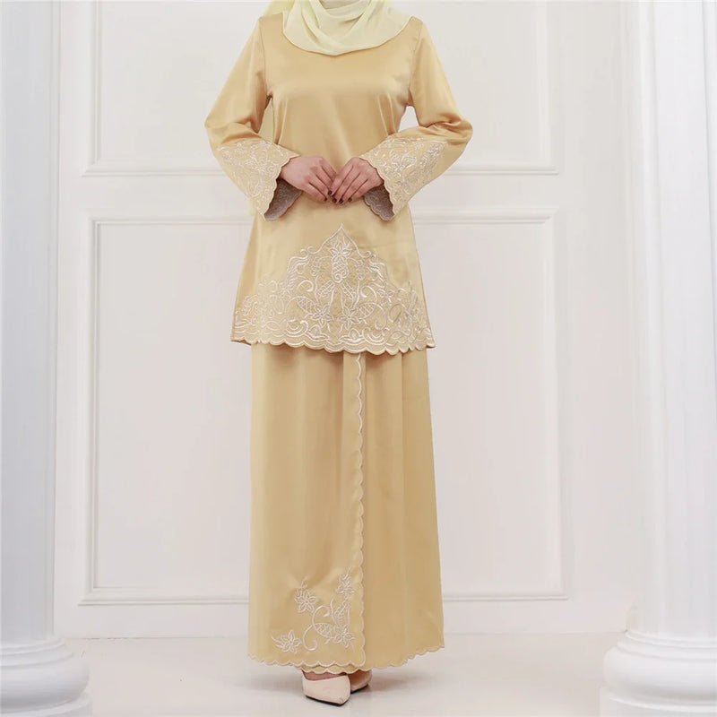 2Pcs Women Muslim Sets Dubai Outfits Islam Clothes Tops Skirts Abaya Dress Malaysia Baju Kurung Suit Femme Musulmane Ensembles