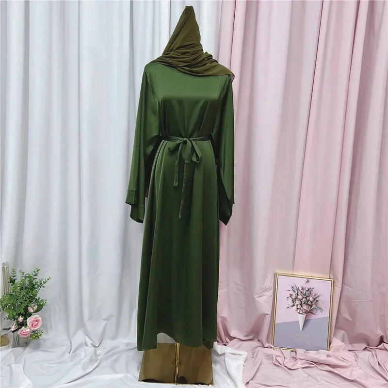 Muslim Women Hijab Dress Satin Abaya Scarf Robe Ramadan Modest Prayer Islamic Clothing Robe Eid Jalabiya Kaftan Caftan Marocain