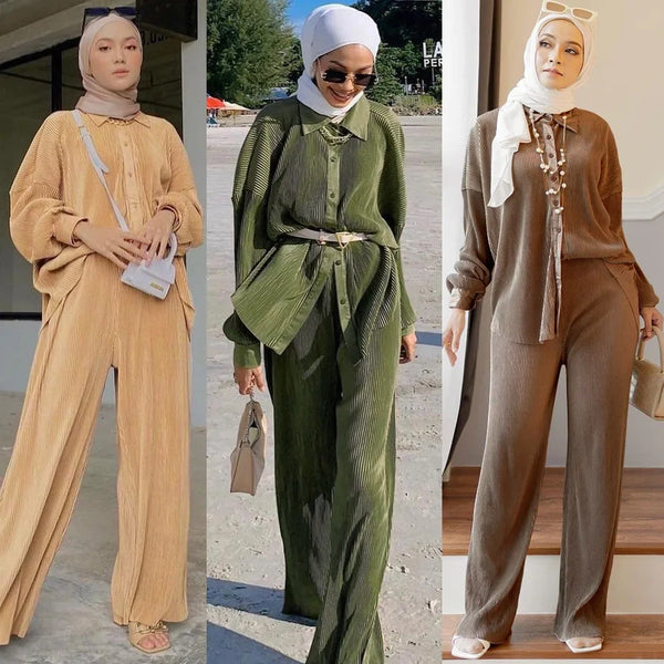 Malaysia Plain Muslim Women Long Sleeve Tops Blouse Pants Islam Abaya Dubai Ramadan Arab Clothes 2 Piece Set Modest Kaftan Suit