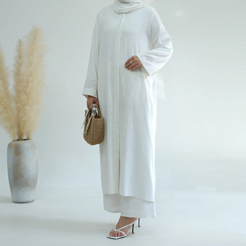 Ramadan Two Piece Linen Muslim Set for Women Elegant Dubai Modest Clothing Islamic Femme Travel Outfit Fashion Turkey Suit 2025