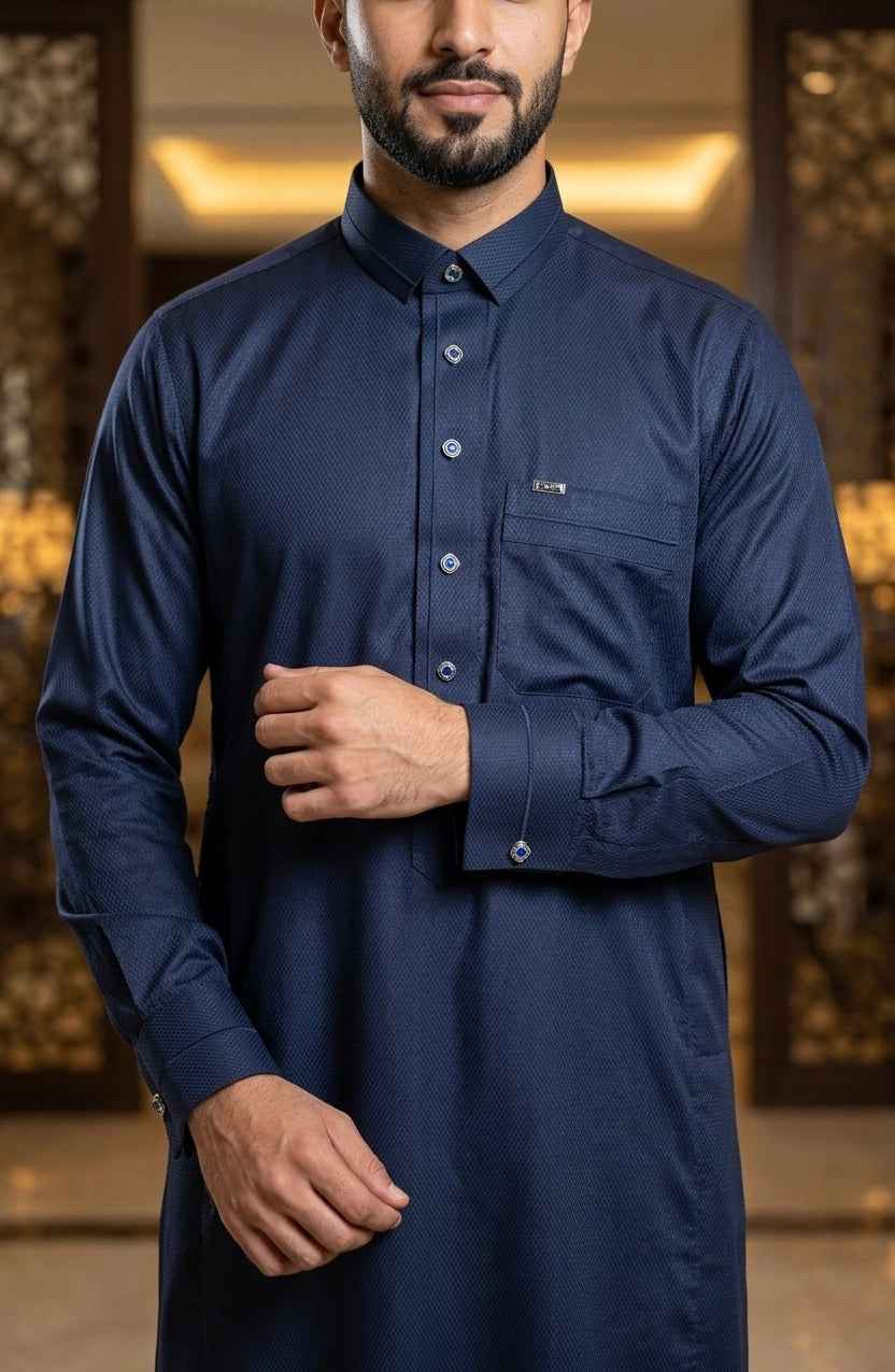 Men's Midnight Navy Textured Thobe – Premium Navy Blue Saudi Style Jubba - Raakaat